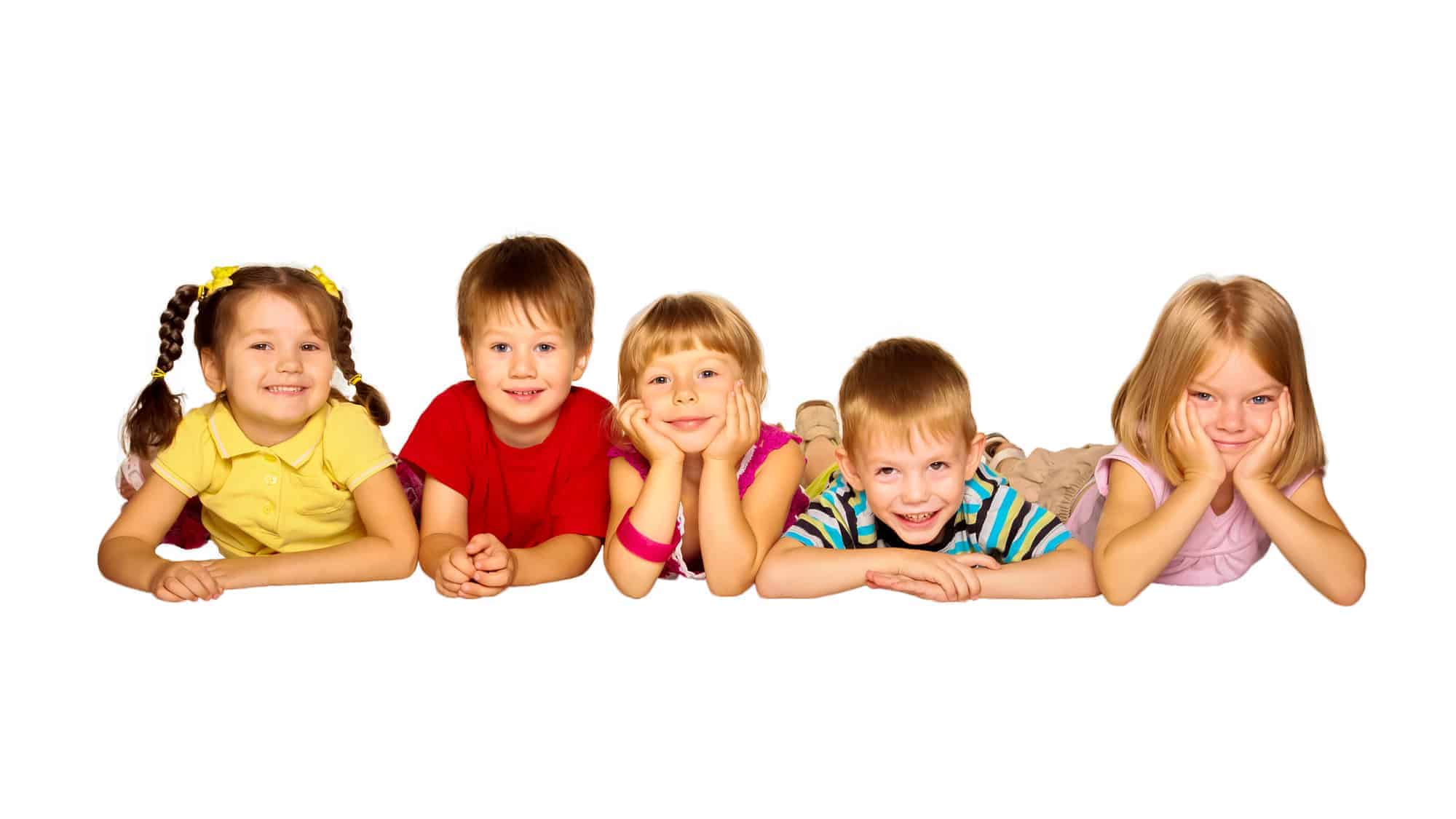 Group of happy children friends laughing.